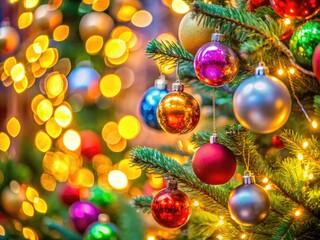 Christmas Tree with Baubles and Blurred Shiny Lights for Holiday Decor
