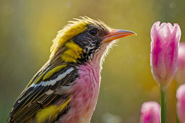Vibrant Songbird Perched Beside Blooming Tulip in Spring Garden