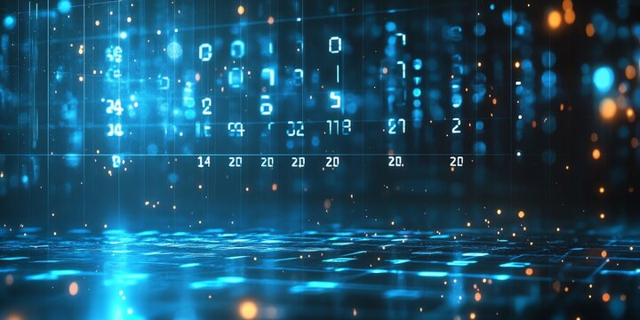 Abstract digital background with glowing blue light and scattered numbers.