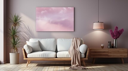 Naklejka premium Light living room interior with chill area and dresser with decor, mockup frame