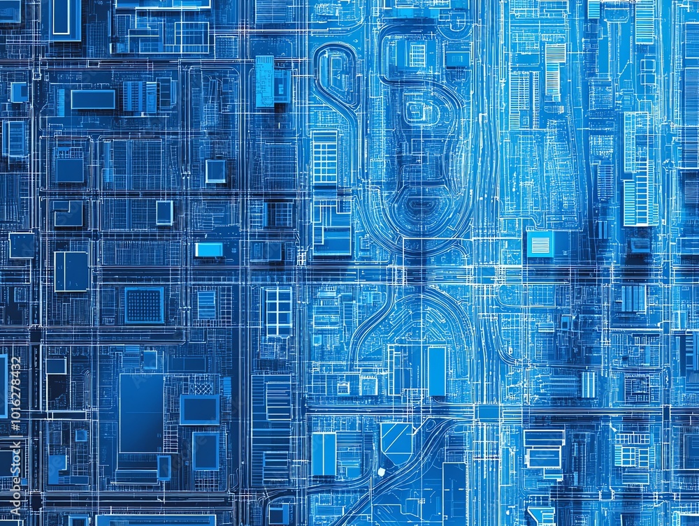 Poster abstract digital circuit board with blue lines and squares.