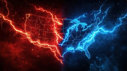 Red and Blue Lightning Striking US Map