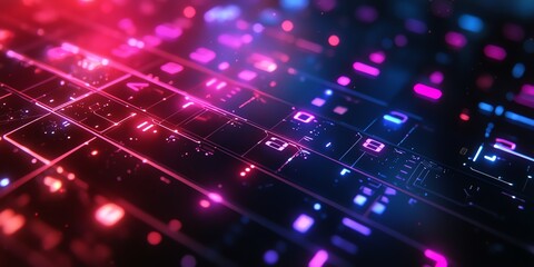 Obraz premium Abstract digital grid with glowing lines in pink and blue colors.