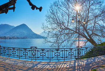 On Lake Lugano embankment in the morning, Lugano, Switzerland