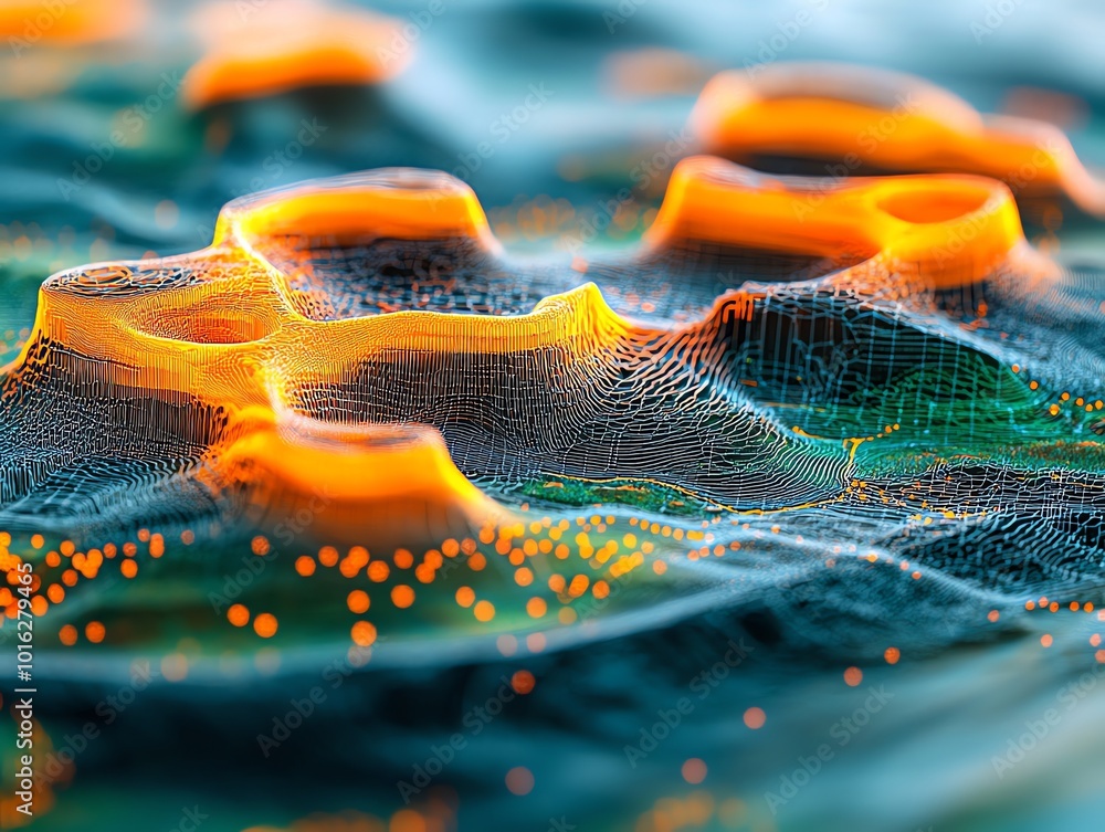 Poster abstract digital landscape with glowing peaks and a grid-like texture.