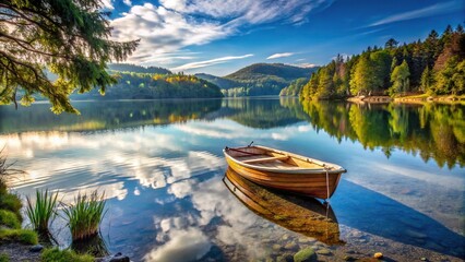 High angle boat moored on picturesque shore of tranquil lake
