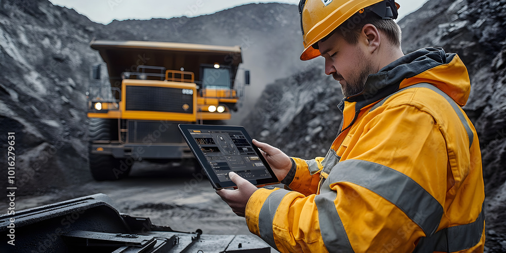 Poster mining operations manager. a mining engineer in safety gear uses a tablet to manage coal loading ope