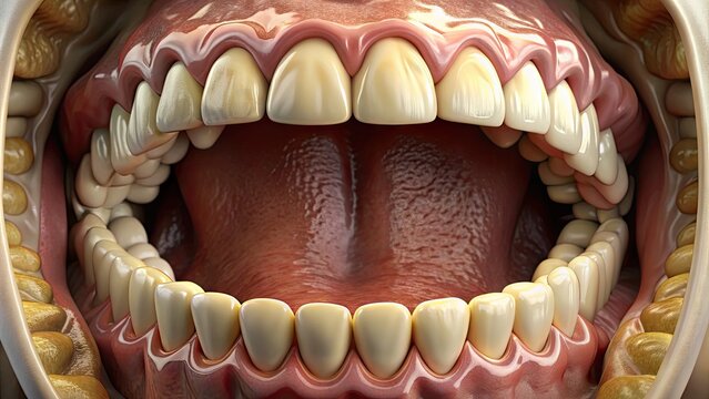 Close-up of the inner mouth, showcasing intricate details of teeth, gums, tongue, and palate, illuminated by soft light, highlighting natural textures and colors.