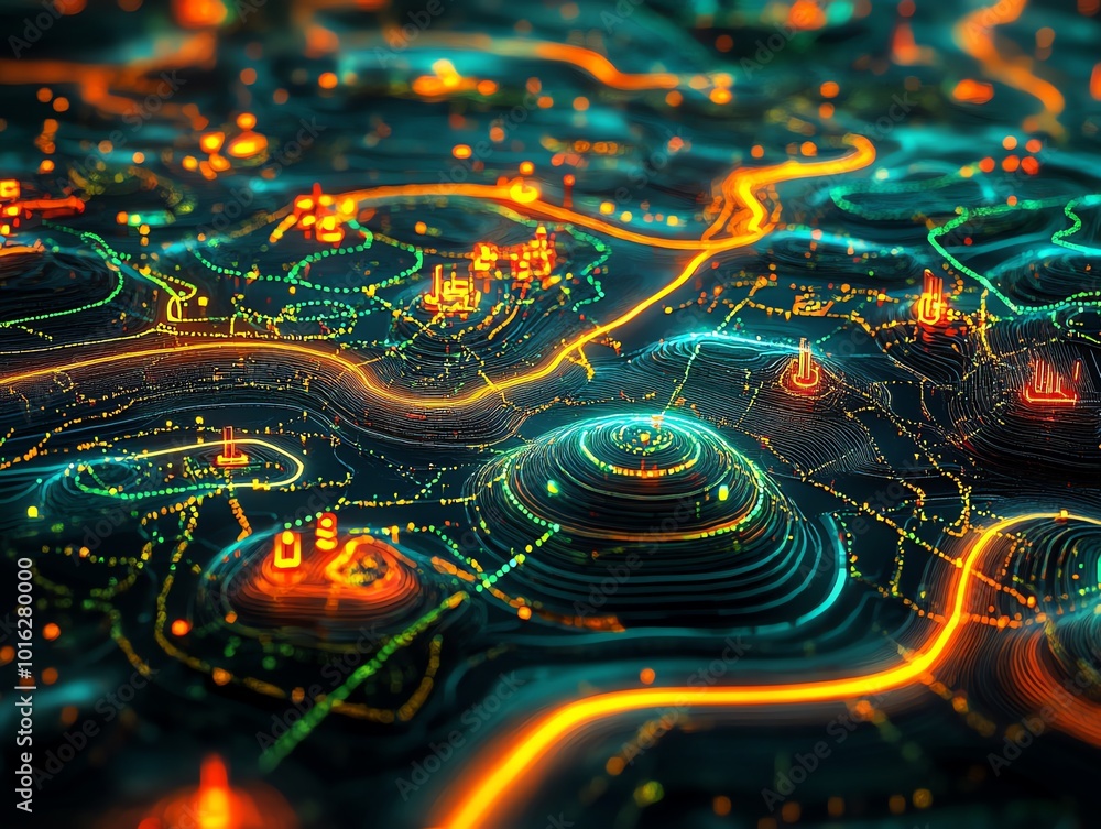 Poster abstract digital map with glowing lines and dots.