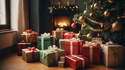 Many Christmas presents under the Christmas tree, indoors, warm atmosphere, festive decoration