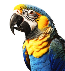 Obraz premium Blue and yellow Macaw parrot close-up isolated on white and transparent background. PNG.