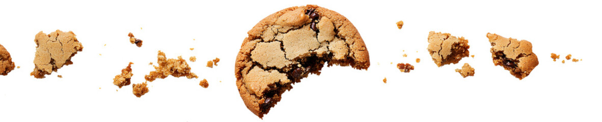 Close up of an half eaten cookie with crumb against a white background, generative ai