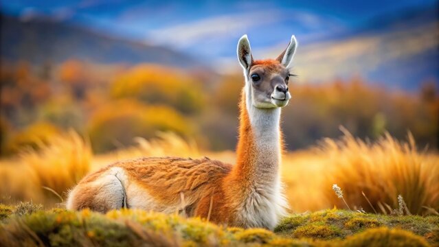 Native guanaco resting in Chilean Patagonia