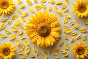 Yellow sunflowers and petals on white background capturing detail and color