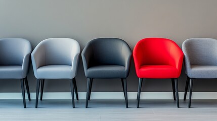 A row of five chairs, four gray and one red.