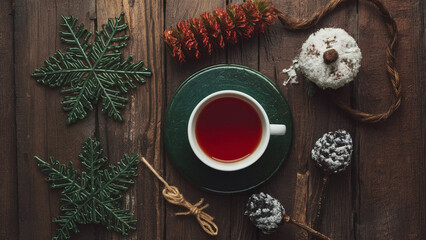 The cozy&nbsp;house still life with a cup of tea and styles of winter&nbsp;home d&eacute;cor.