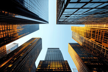 Low-angle view of modern skyscrapers with reflective glass facades against clear sky, with sunlight reflecting on buildings creating a vibrant urban scene.