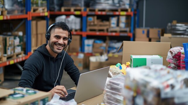 Man in warehouse organizes donations, works on laptop, wears headset. Seated at desk, surrounded by boxes, crates in busy storage facility. Focused, cheerful volunteer sorts items, uses technology to - Powered by Adobe