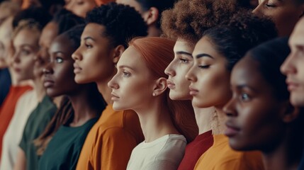 A diverse group of people standing side by side, showcasing various hairstyles and skin tones, promoting unity and inclusion.
