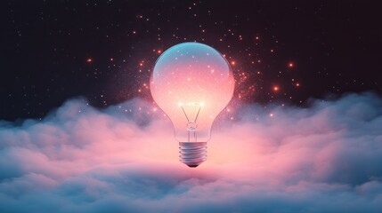 A light bulb explodes with colorful energy and sparks on a black background. Colorful smoke electric sparks create a lively atmosphere.