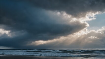 Obraz premium An intense sky with swirling clouds in shades of gray and blue, as strong winds push the clouds across the horizon, creating dramatic shapes 