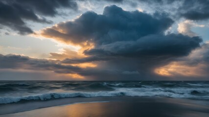 Fototapeta premium An intense sky with swirling clouds in shades of gray and blue, as strong winds push the clouds across the horizon, creating dramatic shapes 