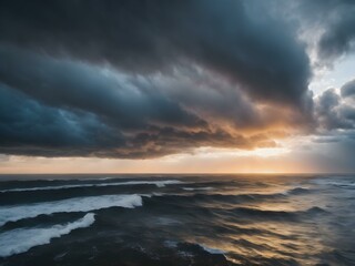 Fototapeta premium An intense sky with swirling clouds in shades of gray and blue, as strong winds push the clouds across the horizon, creating dramatic shapes 