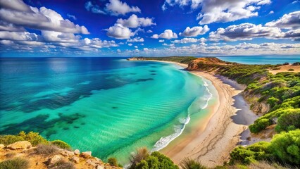 Obraz premium High angle impressionist painting, summer coastal landscape, turquoise waters, sandy beaches, bright azure sky