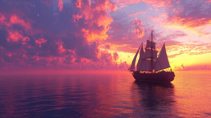 Fototapeta premium A majestic tall ship sails across calm waters at sunset, captured in silhouette, against a breathtaking sky, evoking feelings of adventure, freedom, and exploration.