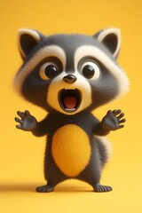 Fototapeta premium Surprised Chibi Raccoon Character with Raised Paws and Open Mouth on Plain Backdrop