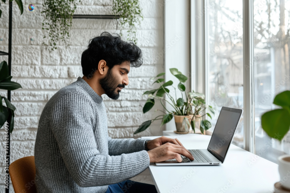 Canvas Prints A man in a gray sweater working on a laptop at a desk near a window with potted plants and a brick wall background, creating a cozy home office environment.