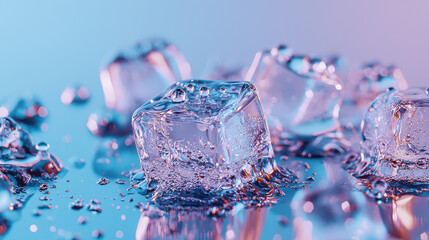 An artistic portrayal of ice cubes with elegant reflections on a surface, highlighted by a mesmerizing blend of blue and pink hues, evoking a sense of calmness.