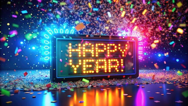 Confetti-filled, glittering, and brightly lit party decorations frame a cheerful digital display flashing "Happy New Year" in bold, colorful fonts and playful animations.