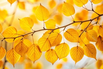 Fototapeta premium An intimate shot of bright yellow leaves attached to a twig, contrasted against a white background, evoking themes of nature's beauty and the spirit