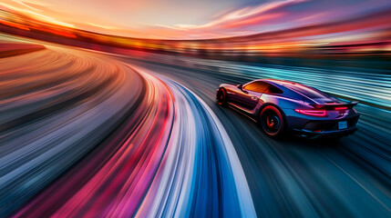 Racing car in a high-speed chase on the track, blurred lines and colors as it speeds past