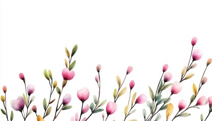 Fototapeta premium A delicate vector illustration of spring floral branches with soft watercolor leaves and blossoms, painted in pastel shades of pink, green, and yellow, isolated on a white background.
