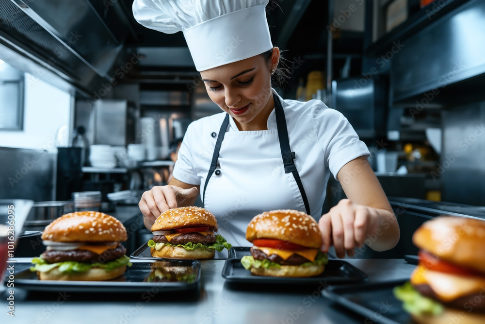 Poster Chef in a commercial kitchen preparing gourmet burgers with sesame seed buns, lettuce, tomato, and cheese, placing them on black plates, wearing a white uniform and hat.