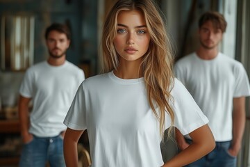 Obraz premium crisp white tshirt mockups male and female models front and back views clean lines neutral backdrop professional product showcase