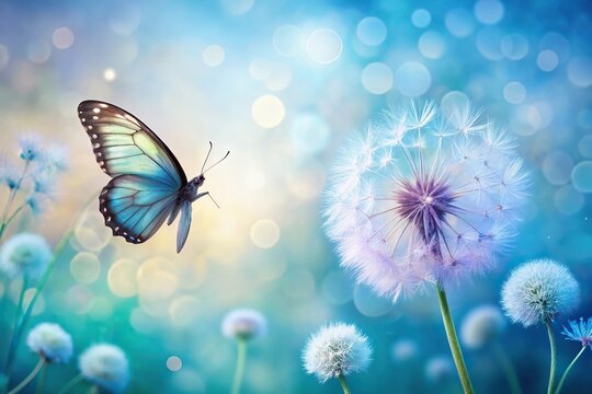 Fototapeta Natural pastel background featuring a Morpho butterfly and dandelion with depth of field