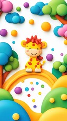 Obraz premium A cheerful giraffe stands atop a rainbow, surrounded by colorful trees and playful orbs