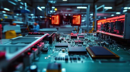 An intricate circuit board is prominently displayed in a dimly lit manufacturing facility