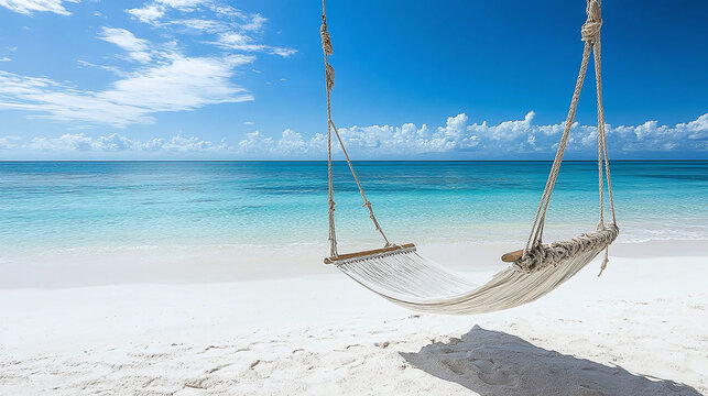 A tranquil tropical beach backdrop features a beach swing or hammock, white sand, and a serene sea, ideal for relaxation and summer holidays. Bahamas