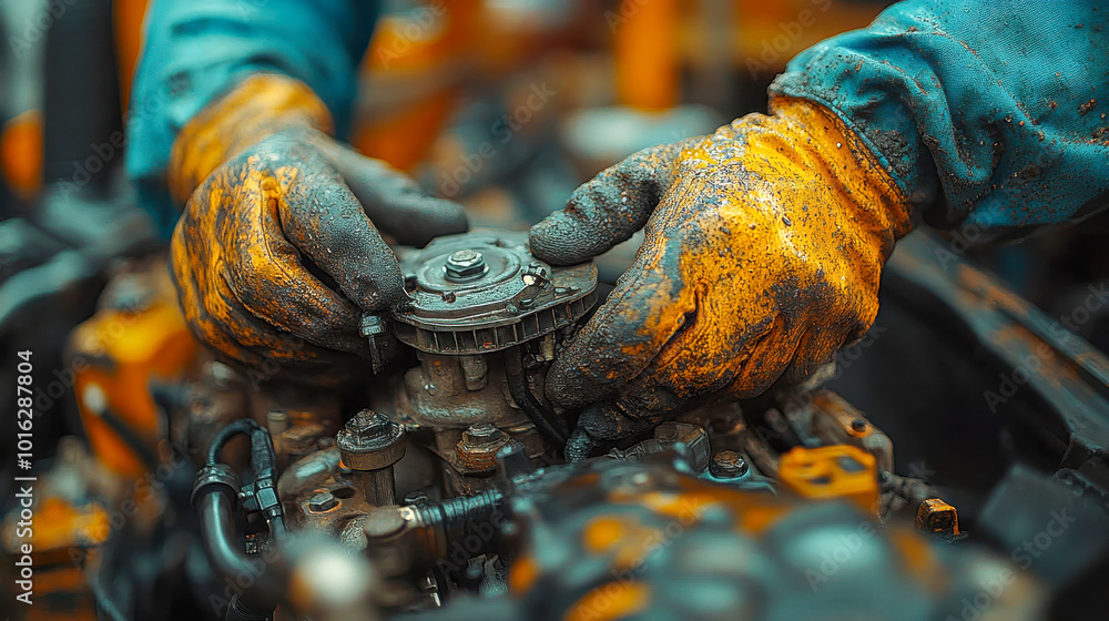 Poster close-up shot of a mechanic's hands working on an engine part, glowing with warm light, symbolizing 