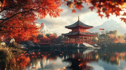 Obraz premium Red Pagoda Temple Complex With Reflecting Water 3d animation
