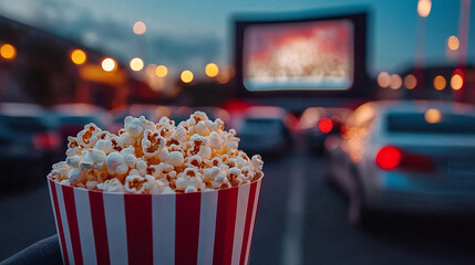 Focus on popcorn in red and white striped container with drive-in movie screen cars blurred background at dusk