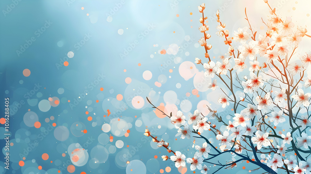 Poster spring tree flower background easter greeting card design with copy space, generative ai