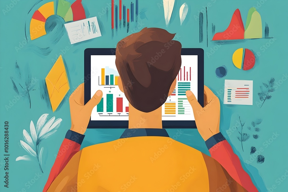 Aufkleber minimalist character analyzing digital data analytics on tablet in modern office environment