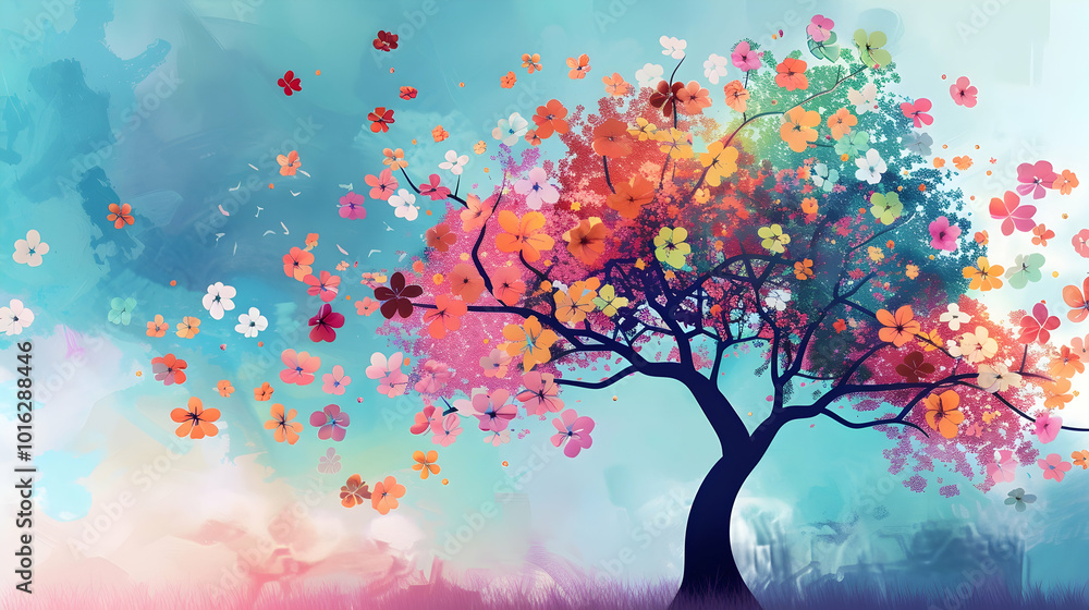 Aufkleber spring tree flower background easter greeting card design with copy space, generative ai