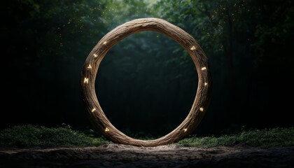 Obraz premium A portal formed by ancient tree branches woven together into an arch, with luminous runes glowing along the wood, surrounded by dense forest greenery and magical sparkles in the air.