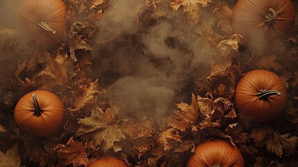Halloween wreath with pumpkins, space for text in the center. Autumn harvest, fall. Thanksgiving and Halloween holiday concept